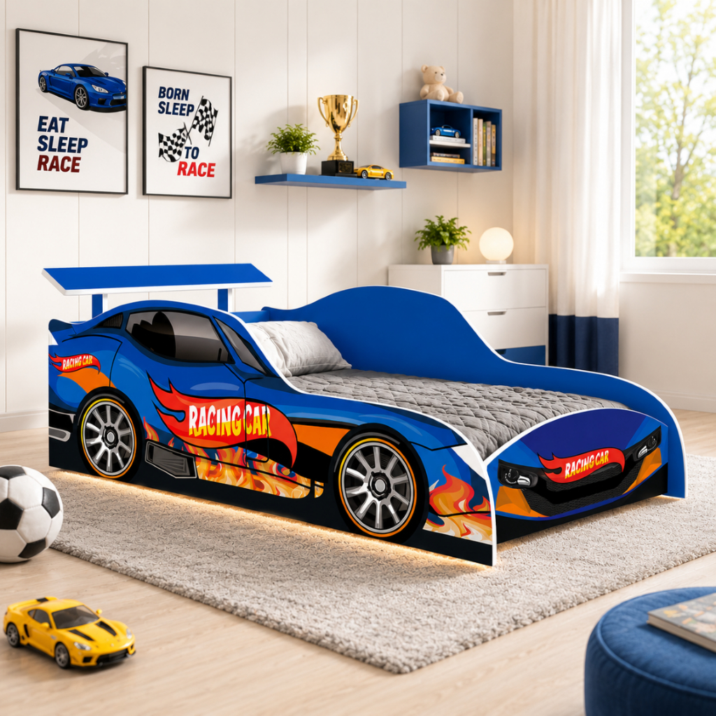 Cama Infantil Solteiro Racing Car MDF Azul Estilo Esportivo para Quarto Temático