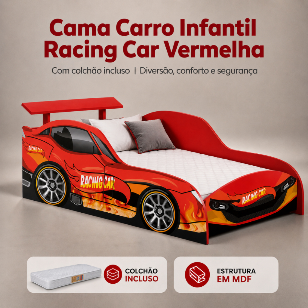 Cama Carro Infantil Racing Car Vermelha em MDF com Colchão Hipoalergênico