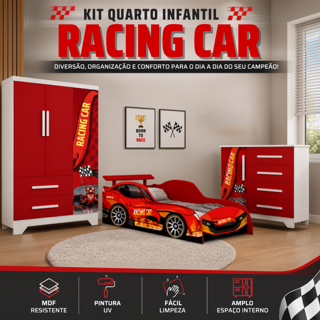 Kit Móveis Quarto Infantil Racing Car Vermelho – Cama, Guarda-Roupas e Cômoda