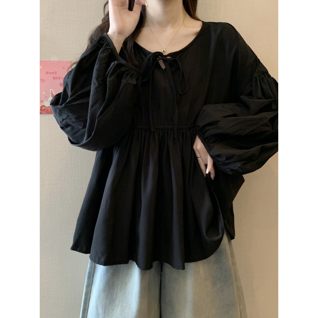 Camisa preta de manga comprida feminina 2026 outono novo estilo Plus Size gordura mm capa solta barriga camisa do bebê l