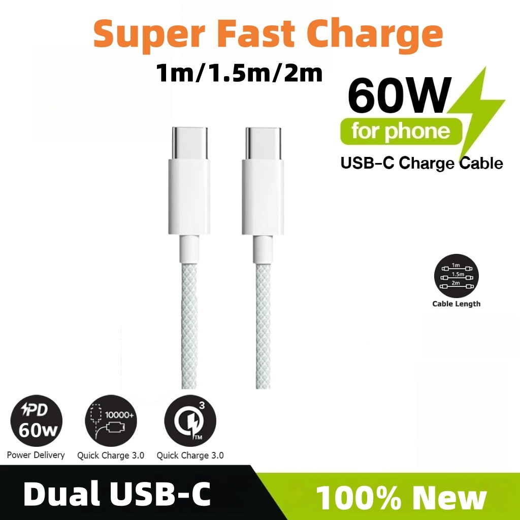 Cabo Super Rápido Tipo C para C de 60W com Nylon Trançado Dual USB-C para iPhone, Samsung, Xiaomi e Oppo