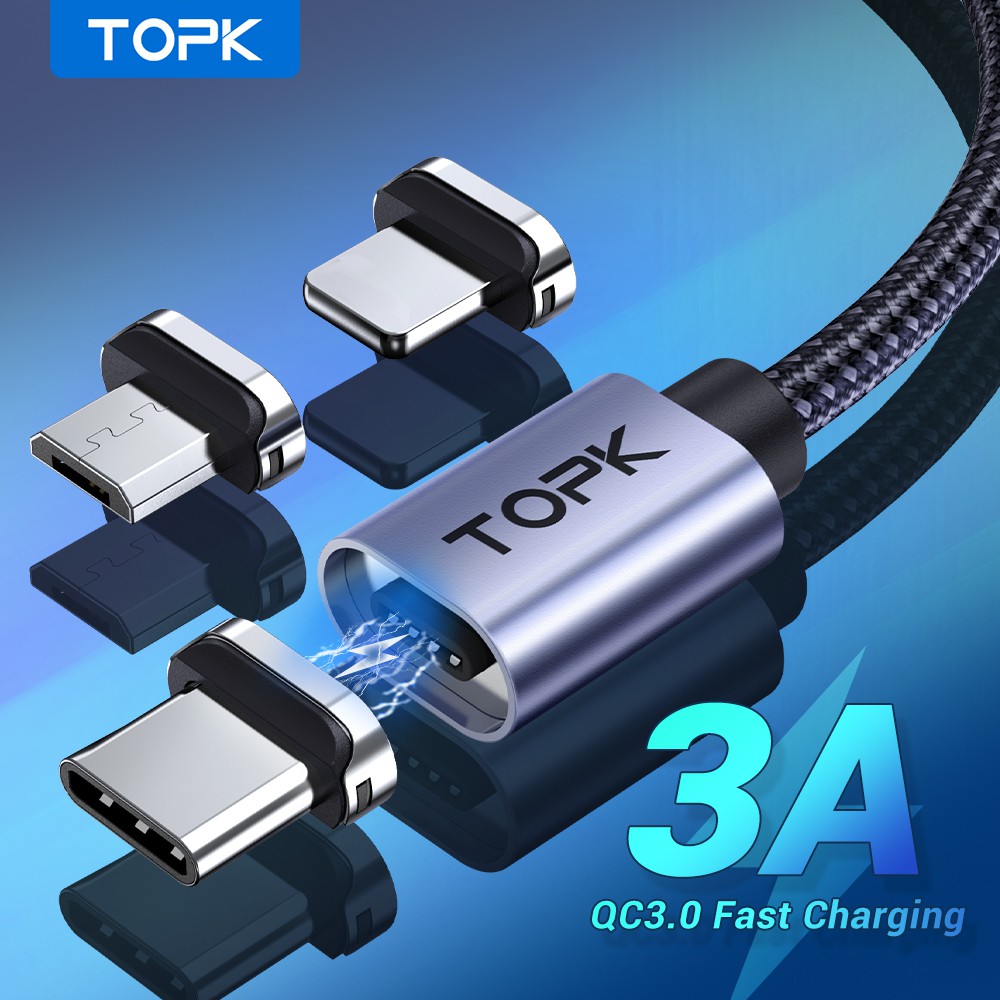 Cabo Magnético Topk Am45 Tipo C/Micro USB de Carregamento Rápido para iPhone 12, Xiaomi, Oppo - Universal