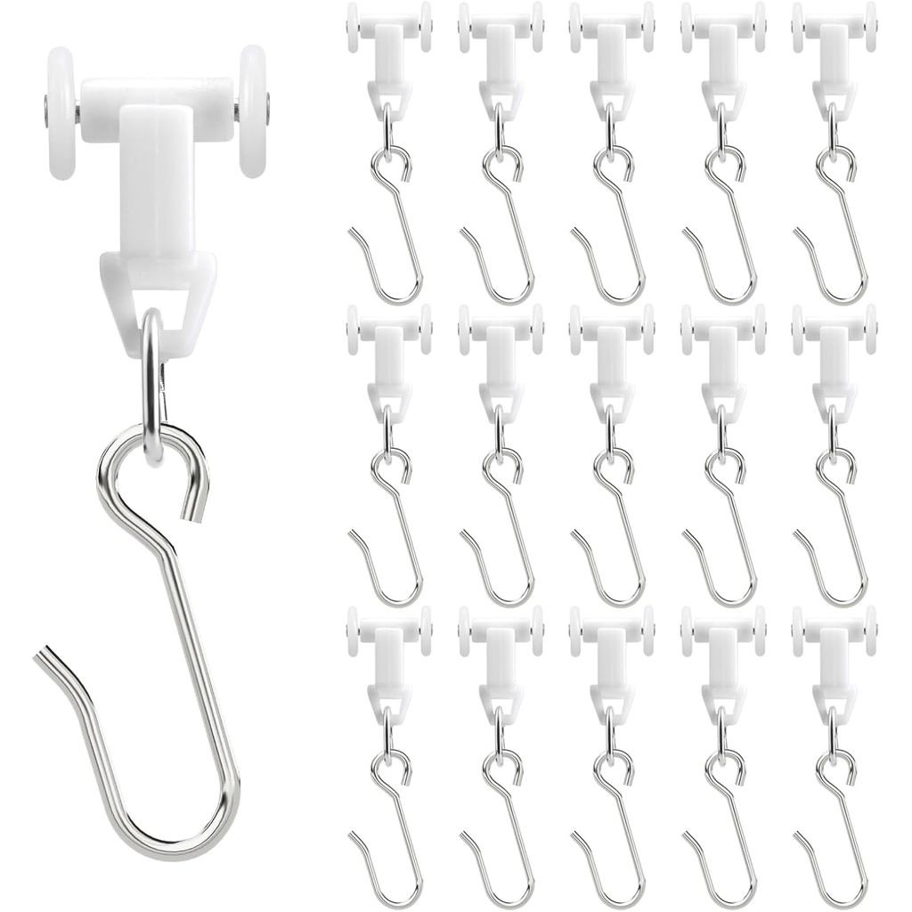 20mm-Ceiling Curtain Track Roller Hooks-Room Divider, Durable Stainless Steel Curtain Hooks with Dual Wheel,RV (15 Pack)