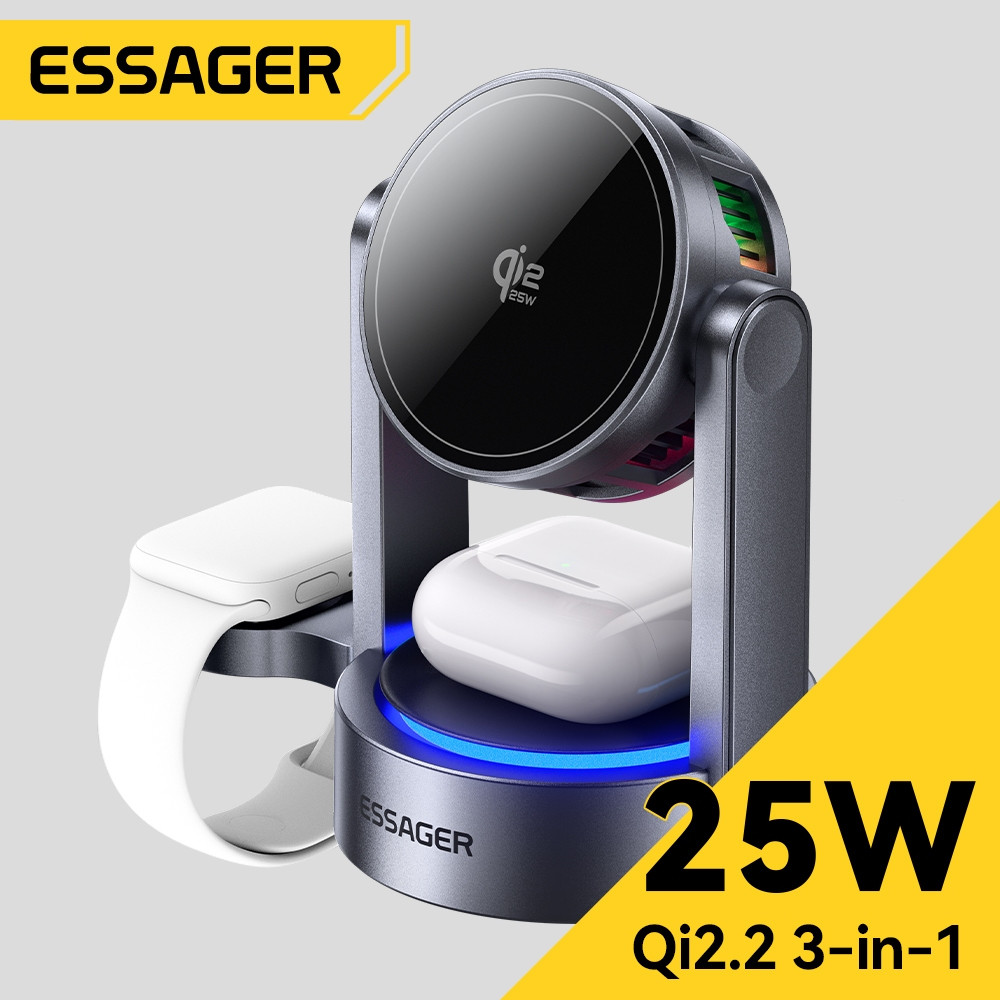 ESSAGER Qi2.2 25W 3 Em 1 Telefone Magnético De Carregamento Sem Fio + Fones De Ouvido + Carga De Relógio Simultaneamente
