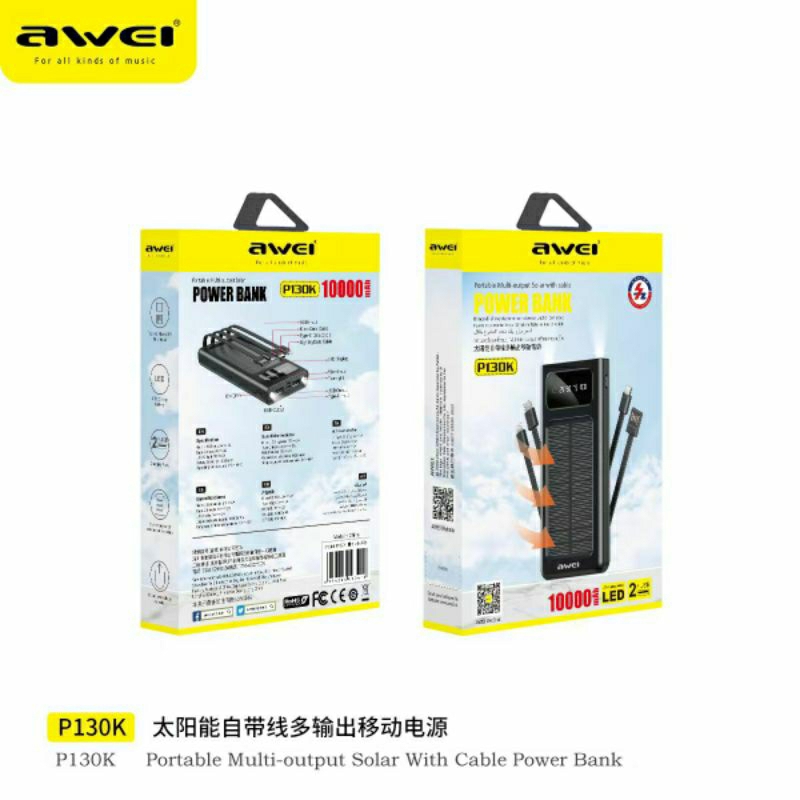 Awei p129k p130k 10000mah banco de energia solar portátil carregamento powerbank carregador de bateria externa luz led forte com 3 cabos