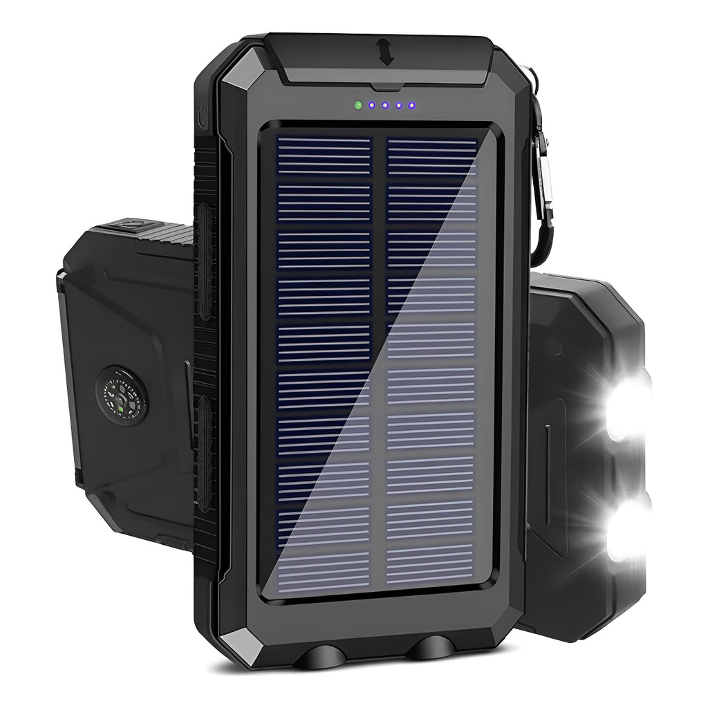 Power Bank Solar Portátil 10000mAh com Lanterna e 2 USB – Resistente a Água Preto