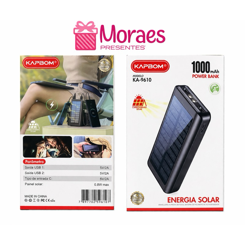 Power bank solar 10000mAh portátil, recarregável, ideal para viagens e uso diário com USB