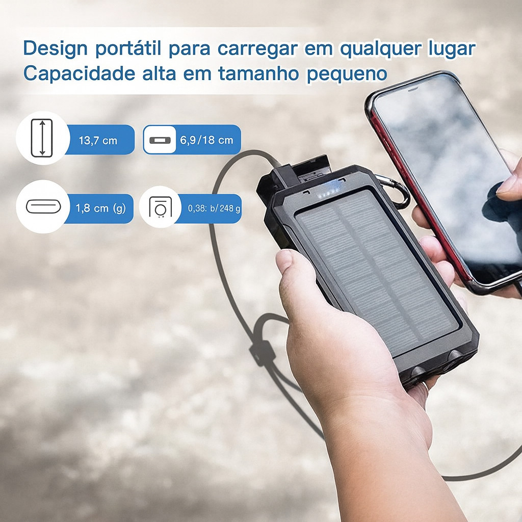 Portátil Carregador Power Bank Solar 10000mAh Bateria Externa Para Xiaomi Android IOS Tipo-C