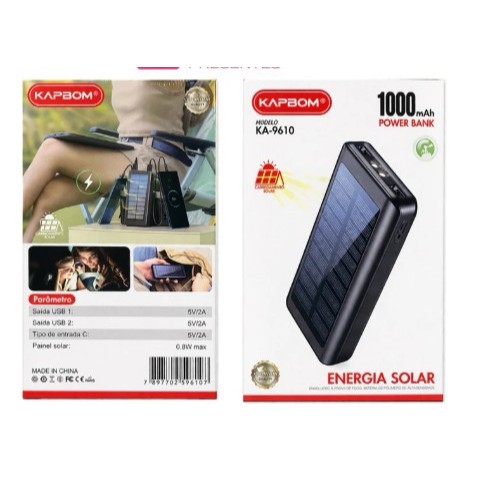 Power bank solar 10000mAh portátil, recarregável, ideal para viagens e uso diário com USB