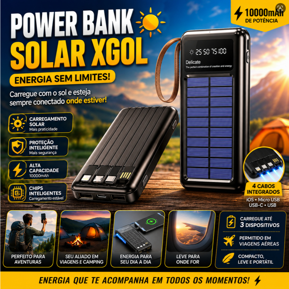 Power Bank Solar 10000mAh com Carregamento Solar e LED Integrado