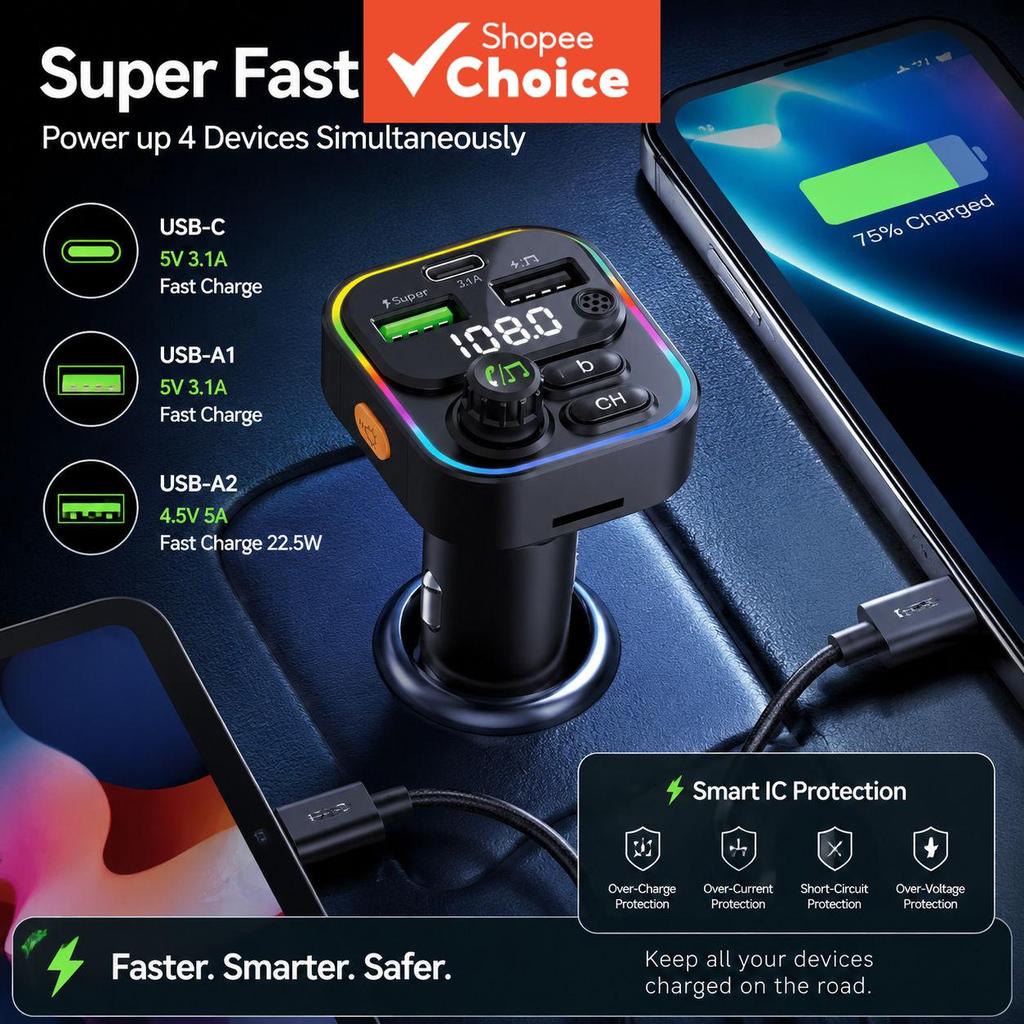 2025 Transmissor FM para carro Bluetooth 5.3, kit sem fio hands-free, carregador USB-C para carro, modulador de rádio