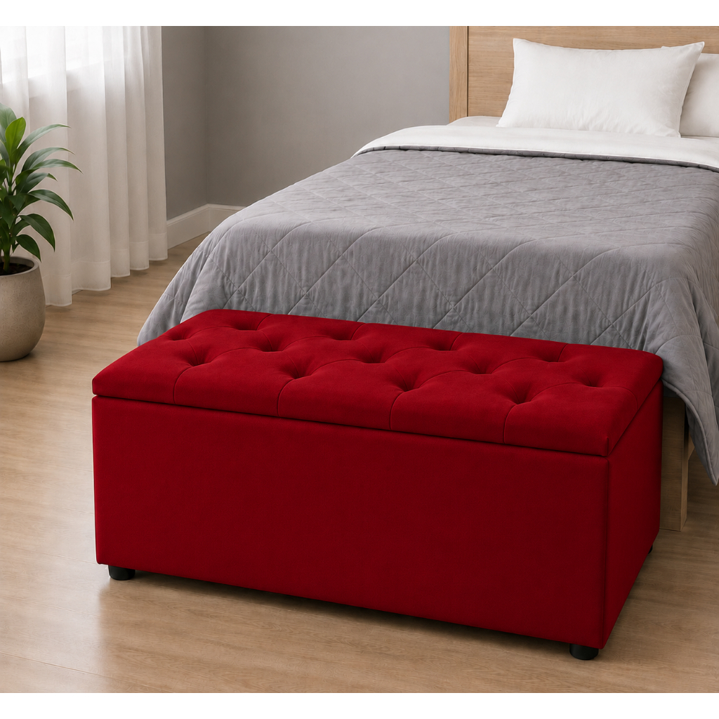 Báu Organizador Capitonê Suede Vermelho para Cama de Solteiro 90X45X40