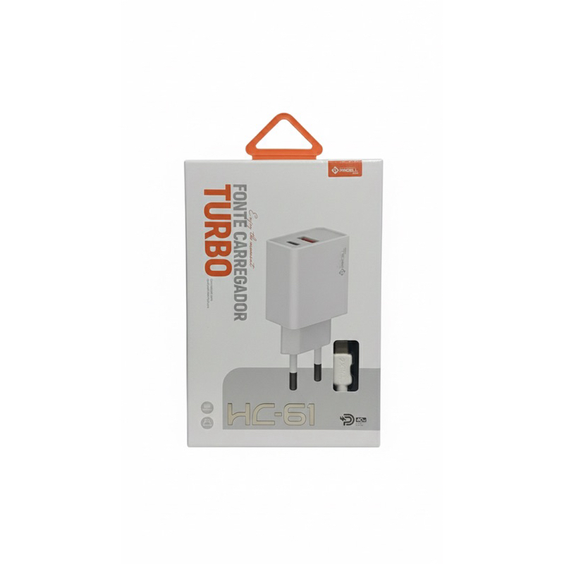 Carregador Turbo 40W Kaidi HC-61 Dual Port USB + USB-C PD Fast Charge Com Cabo Tipo-C Incluso