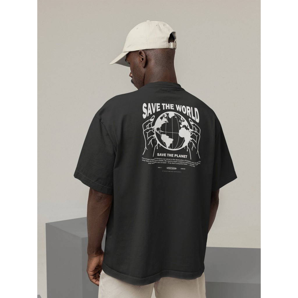 Camisa Camiseta Oversized Streetwear Masculino Urbano Treino Preto e Off Whte Estampado - SAVE THE WORLD