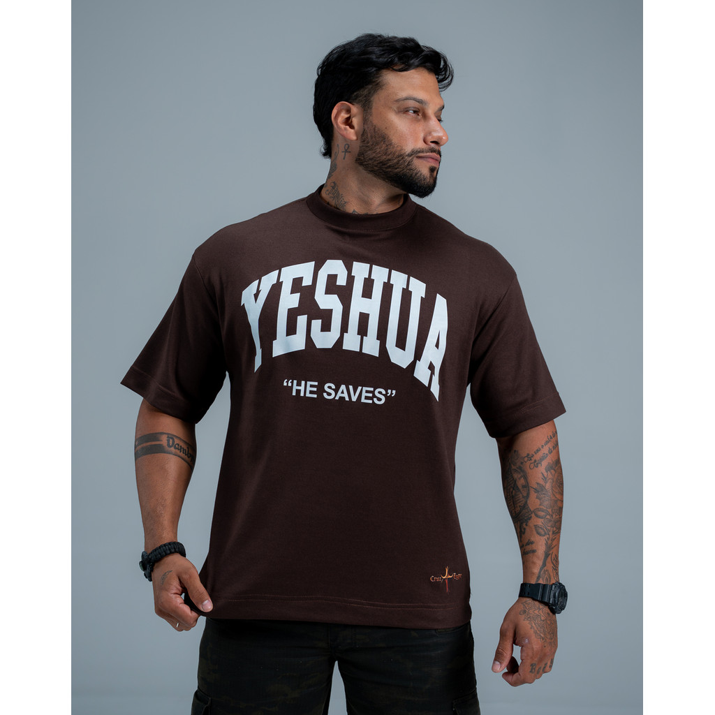 Camiseta Oversized Cristã Streetwear Suedine 240g Yeshua He Saves