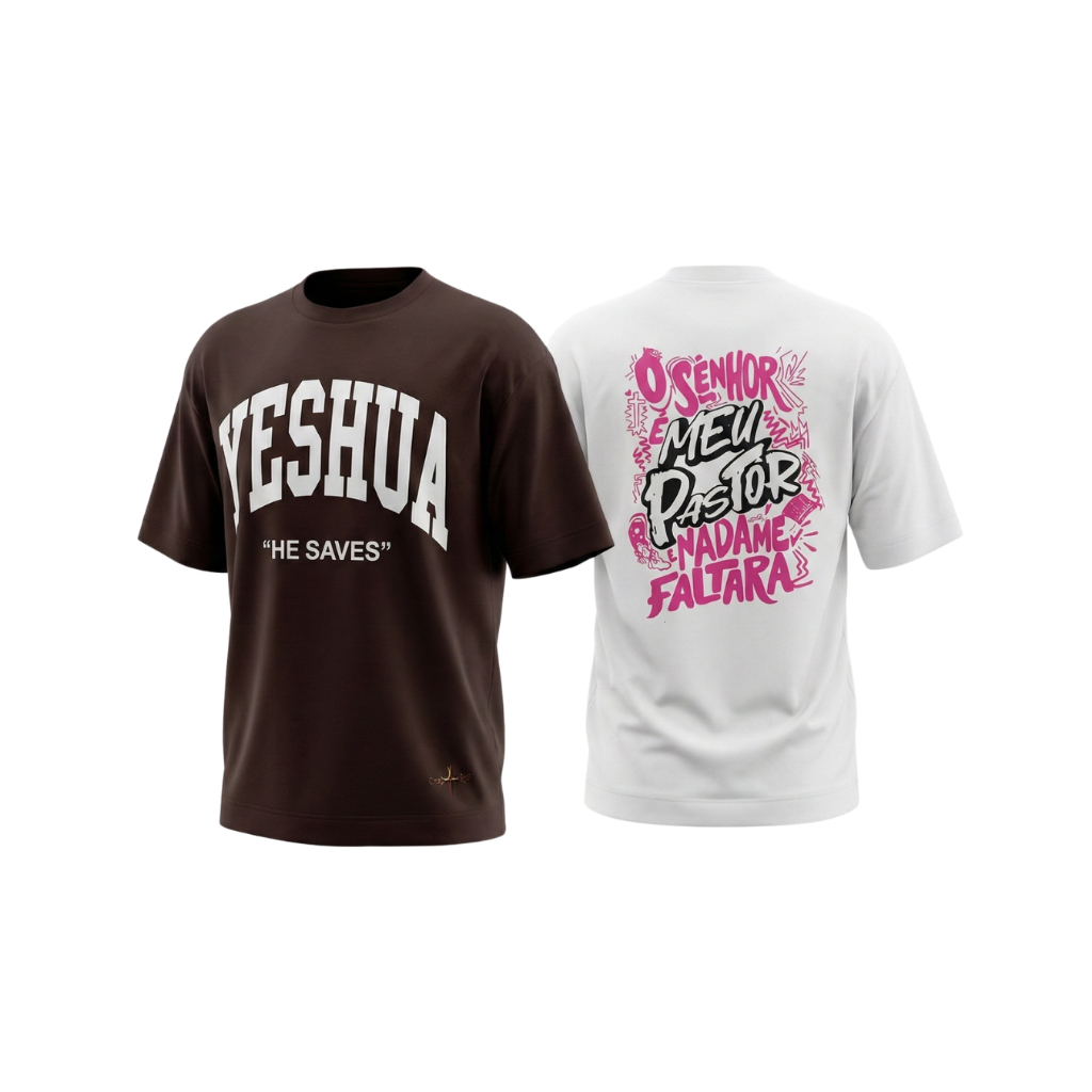 Kit 2 Camisetas Oversized Suedine 240g Moda Cristã Meu Pastor + He Saves