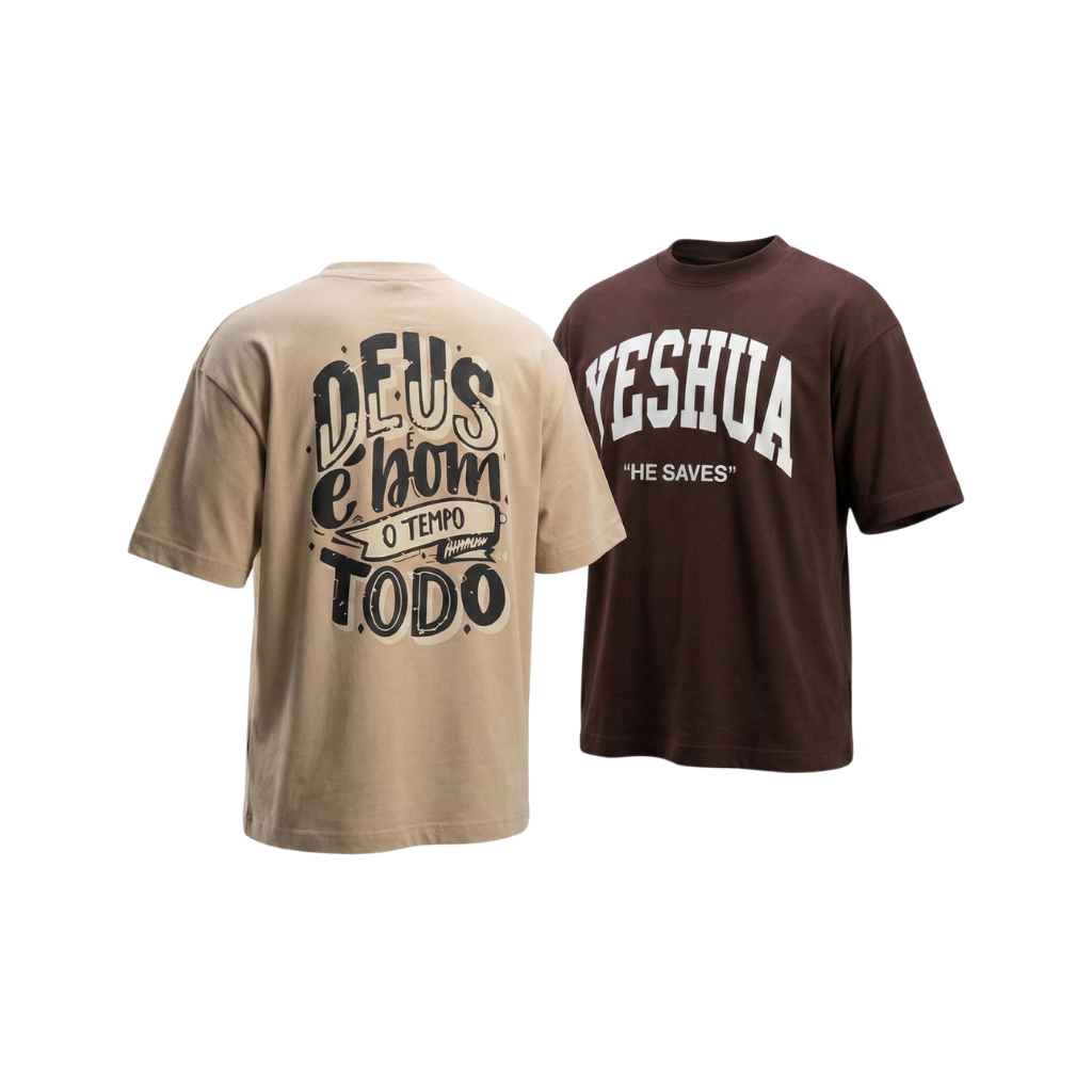 Kit 2 Camisetas Oversized Suedine240g Moda Cristã He Saves + Deus é Bom