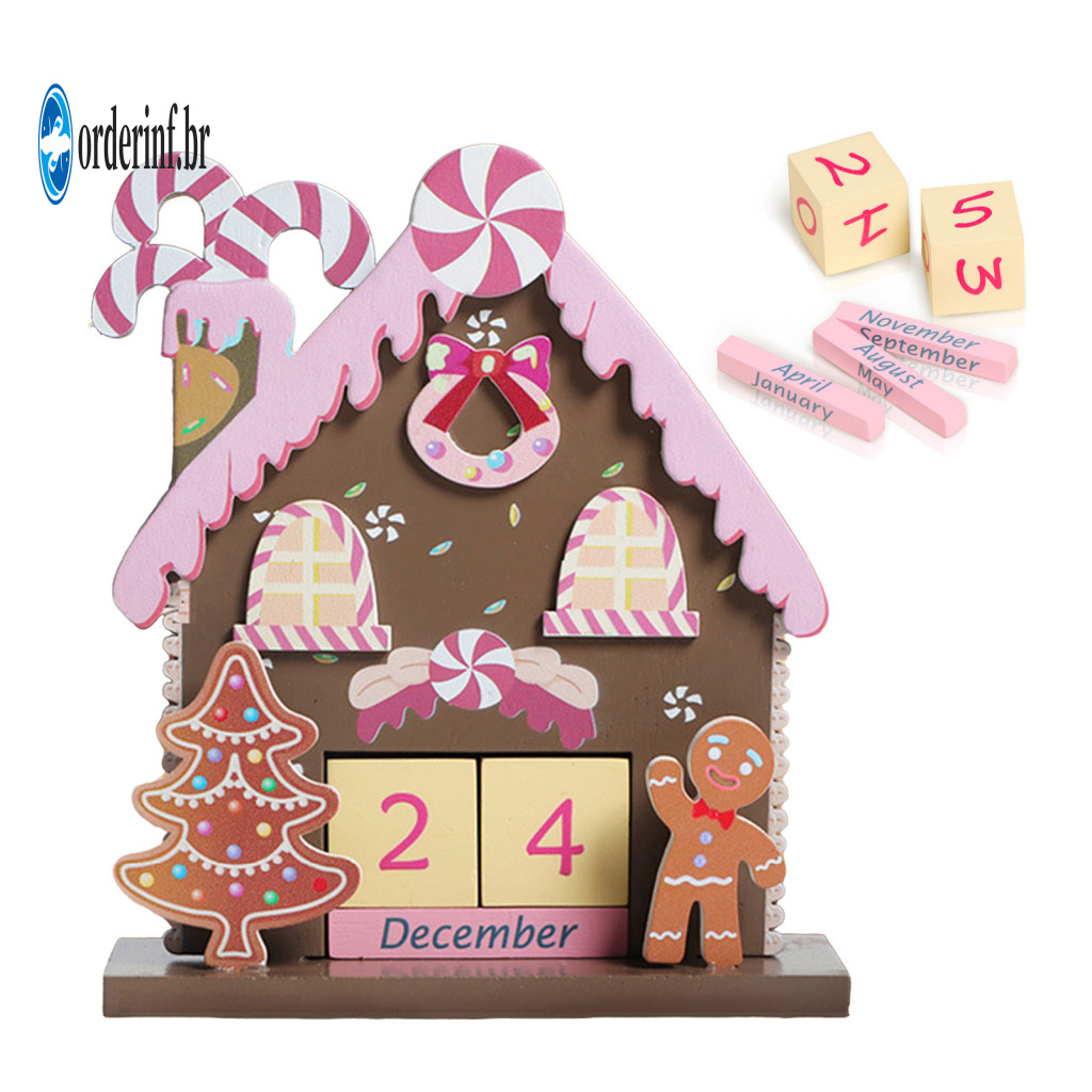 Cute Gingerbread Man Ornament Wooden Perpetual Calendar Christmas Advent with House Design Countdown Blocks for Xmas Day