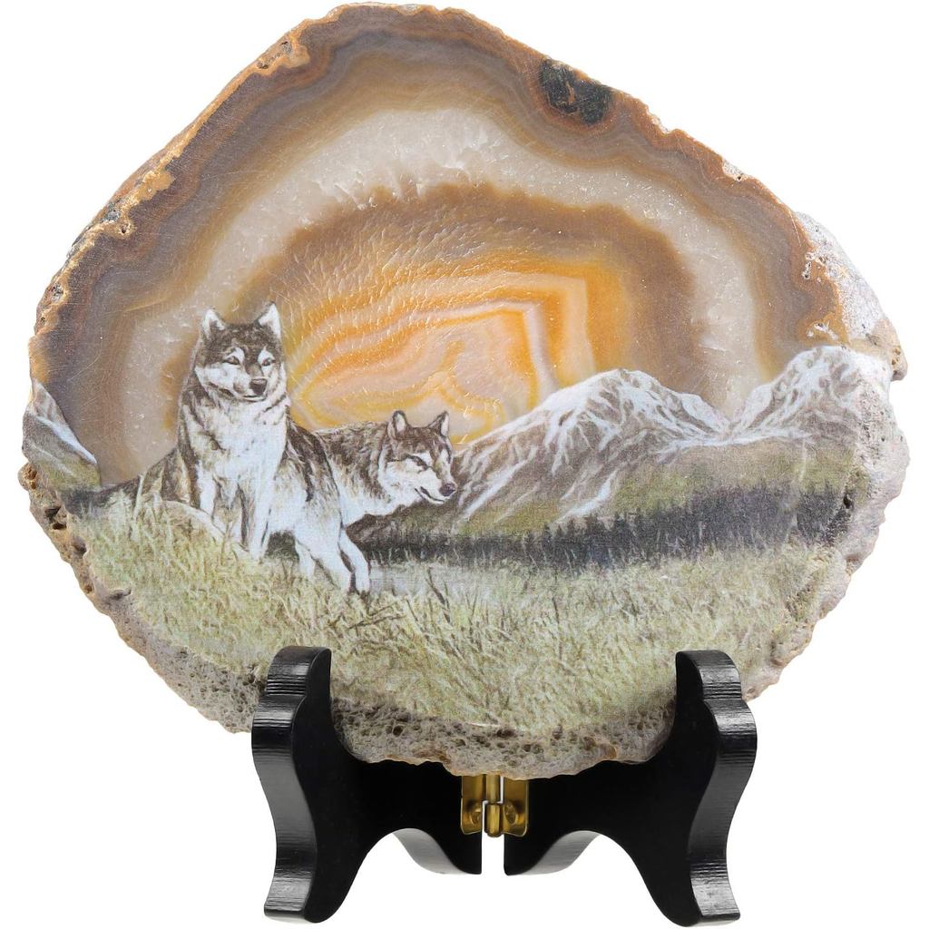 Rockcloud Wolf Agate Slab Display with Wooden Stand Irregular Shape Aagte Slice Stone Home Office Desk Ornament