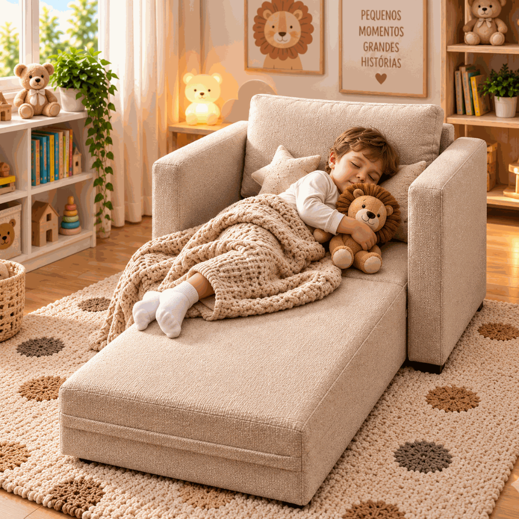 Mini Poltrona Cama Sofazinho Quarto Infantil Criança Kids Bege Multiuso Premium Sofisticado Durável
