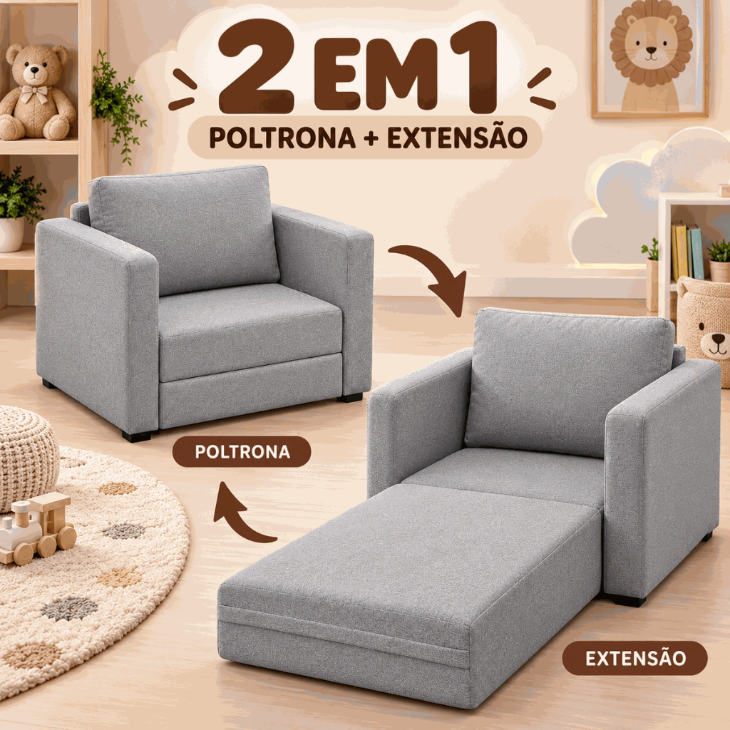 Poltrona Infantil 2 em 1 com Extensão Sofá Cama Infantil Confortável Cinza para Quarto Dia Das Crianças