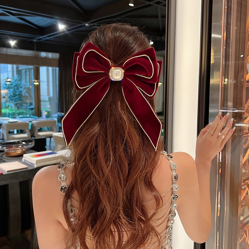 Grampo De Cabelo Grande Com Laço De Veludo De Alta Qualidade Nome Lento/Diamante/Pérola/Streamer/Primavera