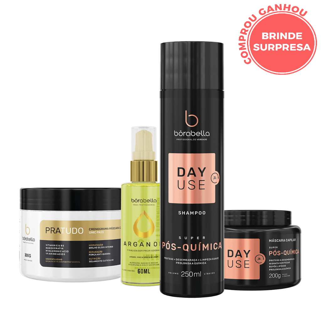 Combo Borabella Kit Day Use Home Care 2x300ml + Óleo de Argan 60ml + Máscara Pratudo 300gr