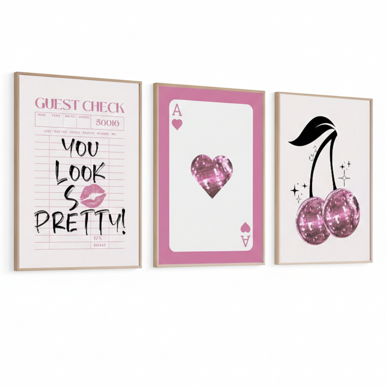 Quadros decorativos Carta, cereja e fundo de jornal aesthetic bonito preppy (3 peças)
