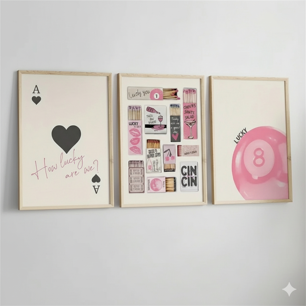 Quadros decorativos Carta com colagens e bola de bilhar tons rosas preppy girls aesthetic (3 peças)