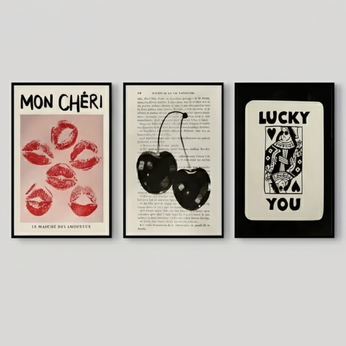 Quadros decorativos Quadros decorativos Lucky You cereja beijo carta aesthetic (3 peças)