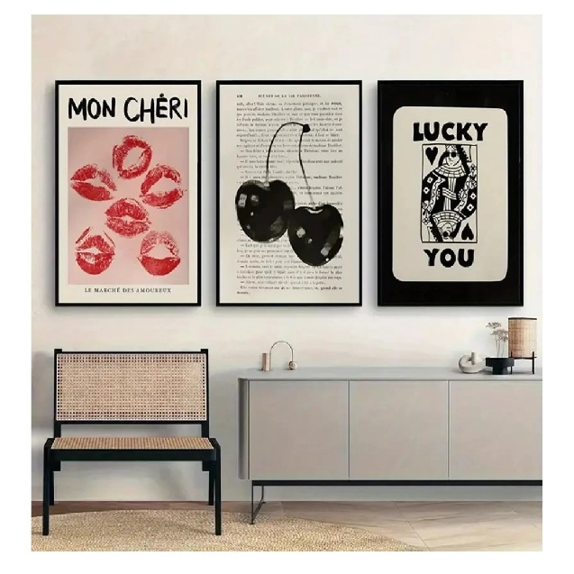 Quadros decorativos Quadros decorativos Lucky You cereja beijo carta aesthetic (3 peças)