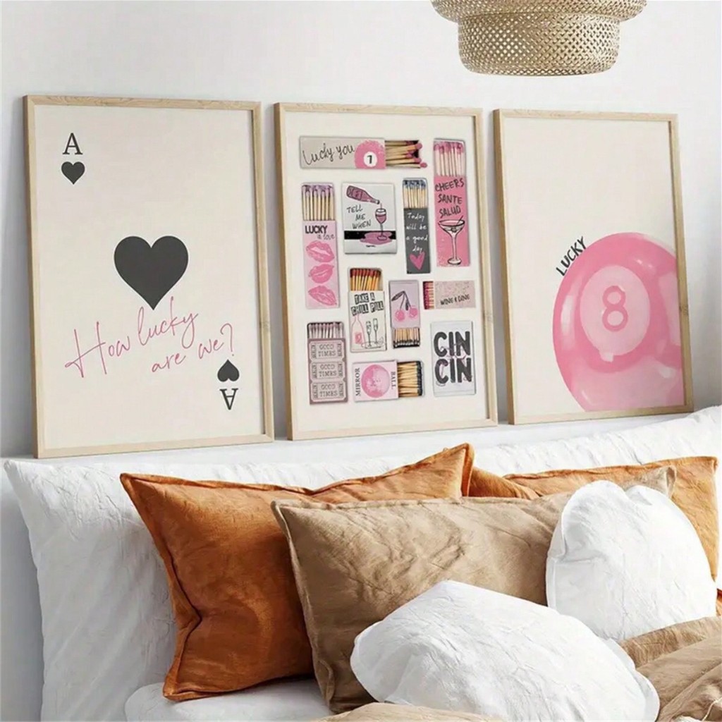 Quadros decorativos Carta com colagens e bola de bilhar em tons rosas preppy girls aesthetic (3 peças)