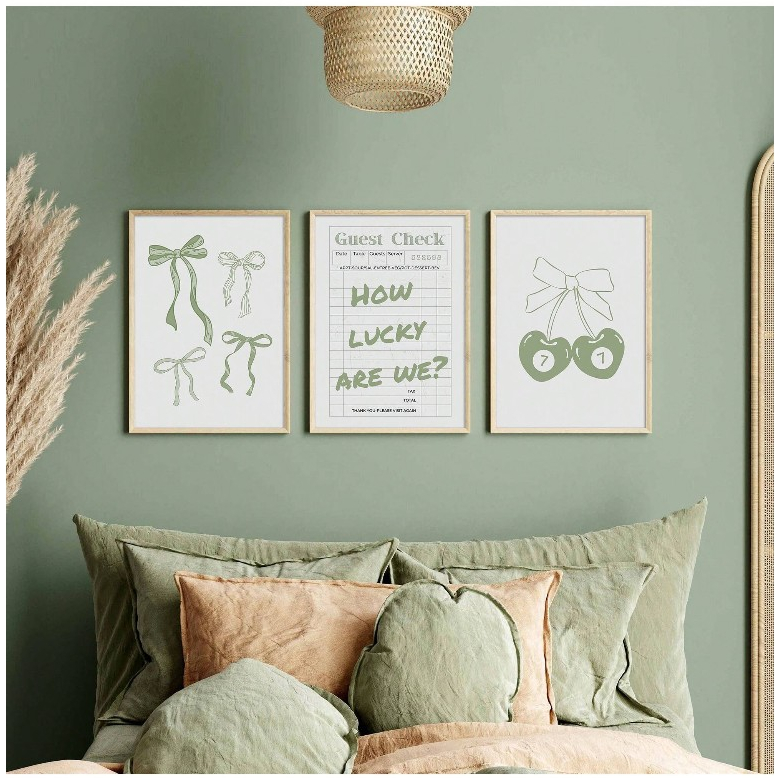 Quadros decorativos Carta, laços e cereja verde aesthetic (3 peças)