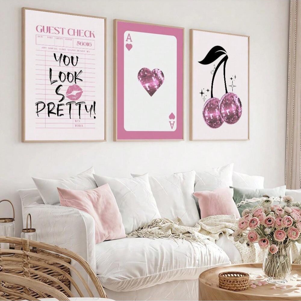 Quadros decorativos Carta, cereja e fundo de jornal aesthetic bonito preppy (3 peças)