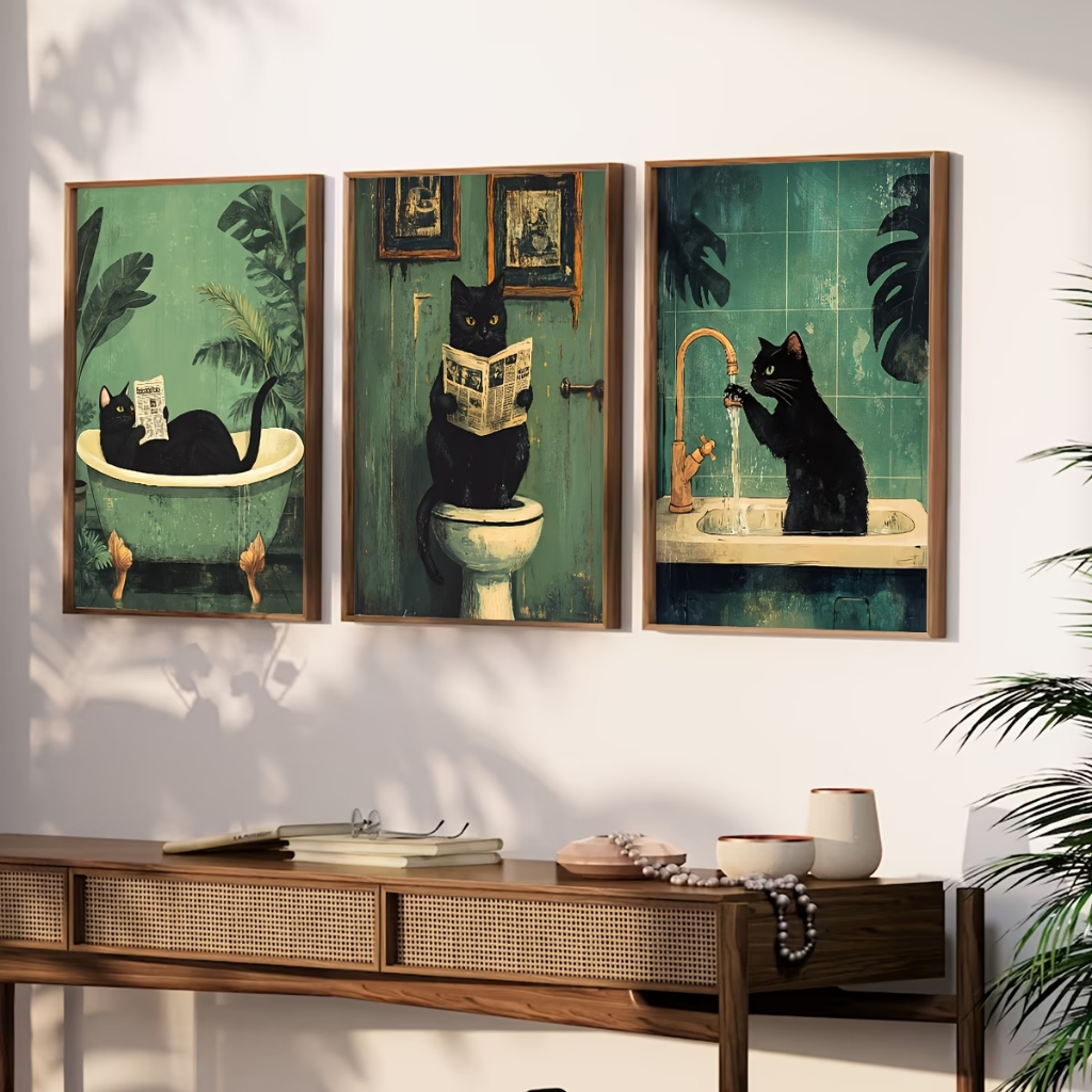 Kit 3 Quadros Gatos Pretos Aesthetic Banheiro Minimalista Sem Furar Parede