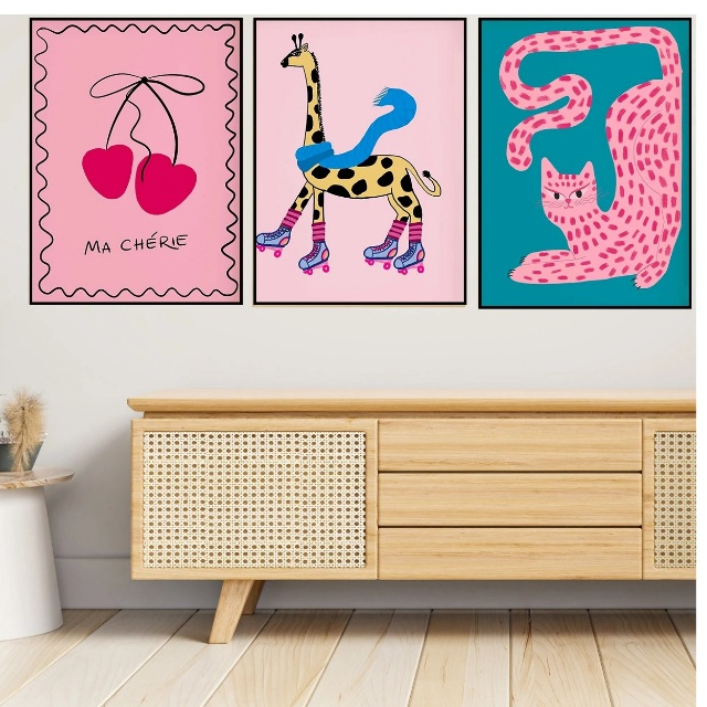 Quadros decorativos Estiloso asthetic animais minimalista de série colorida (3 peças)