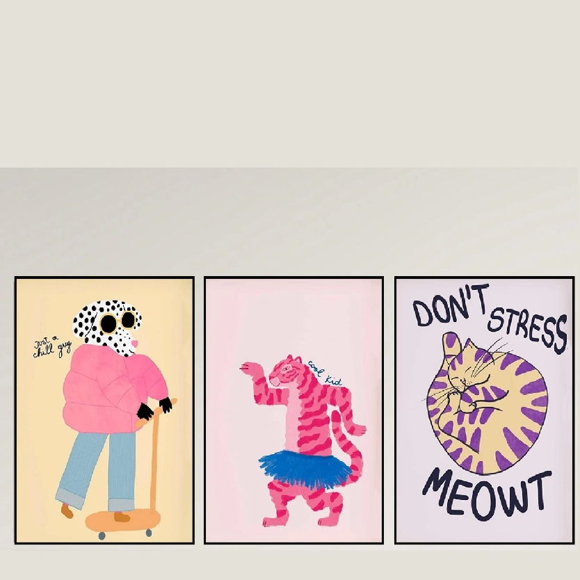 Quadros decorativos Estiloso asthetic animais minimalista de série colorida (3 peças)