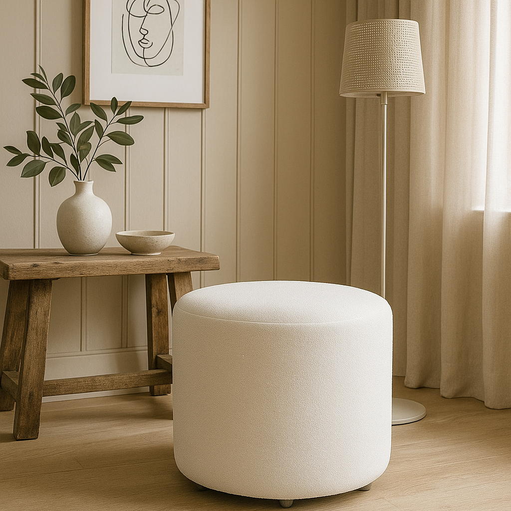 Puff Aura Bouclé Decorativo Estilo Orgânico Redondo Sala Quarto Recepção - Nosso Canto