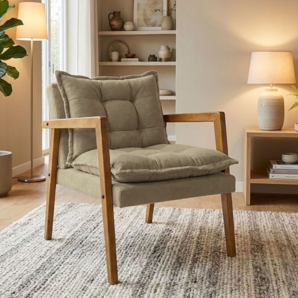 Poltrona de Descanso Sala Design Elegante Estrutura Madeira Estofado Boucle Estilo Sofisticado