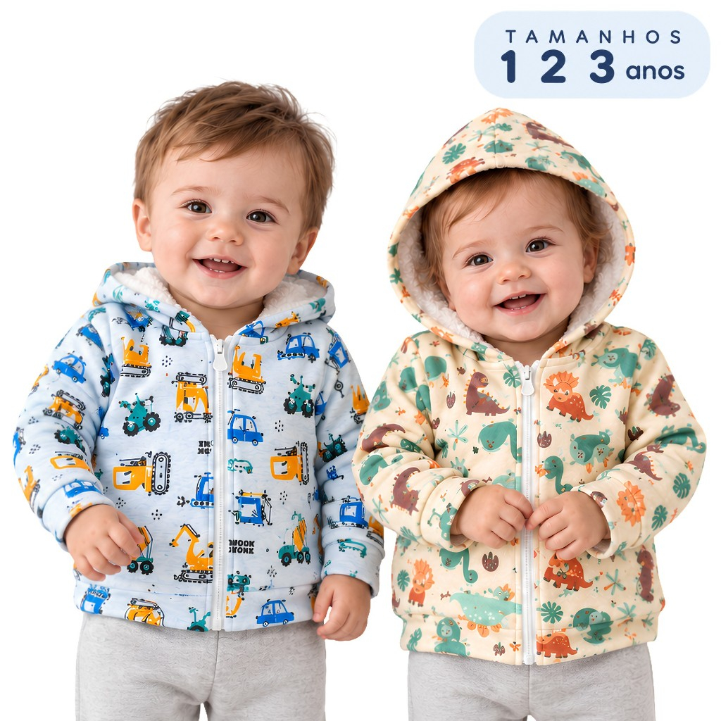 Casaco Infantil Menino Com Capuz e Zíper Tam. 1 2 3 Anos Interior Quentinho Roupa Infantil Masculina