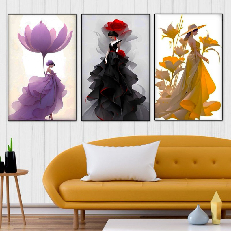Quadro Decorativo Kit 3 Peças Looks Modelos Moda Estilista Roupas Vestidos Decoração Interior 4K Hd