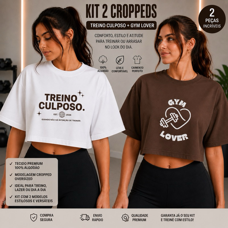 Kit 2 Cropped Musculação Femenino 100% Algodão Estampa Gym e Treino Culposo T-Shirt Fitnes Promoção Envio Imediato