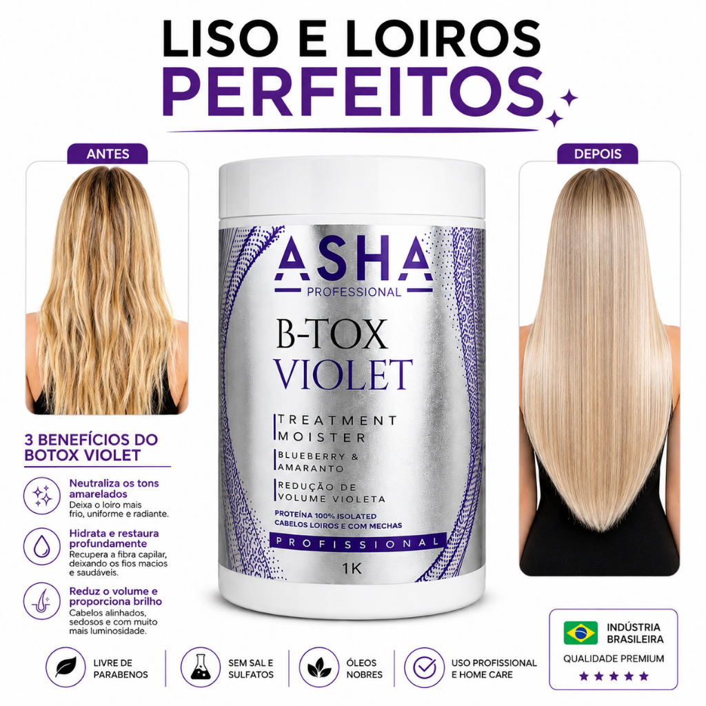 Botox Capilar Matizador Violet 1Kg Redução de Volume para Cabelos Loiros e com Mechas ASHA