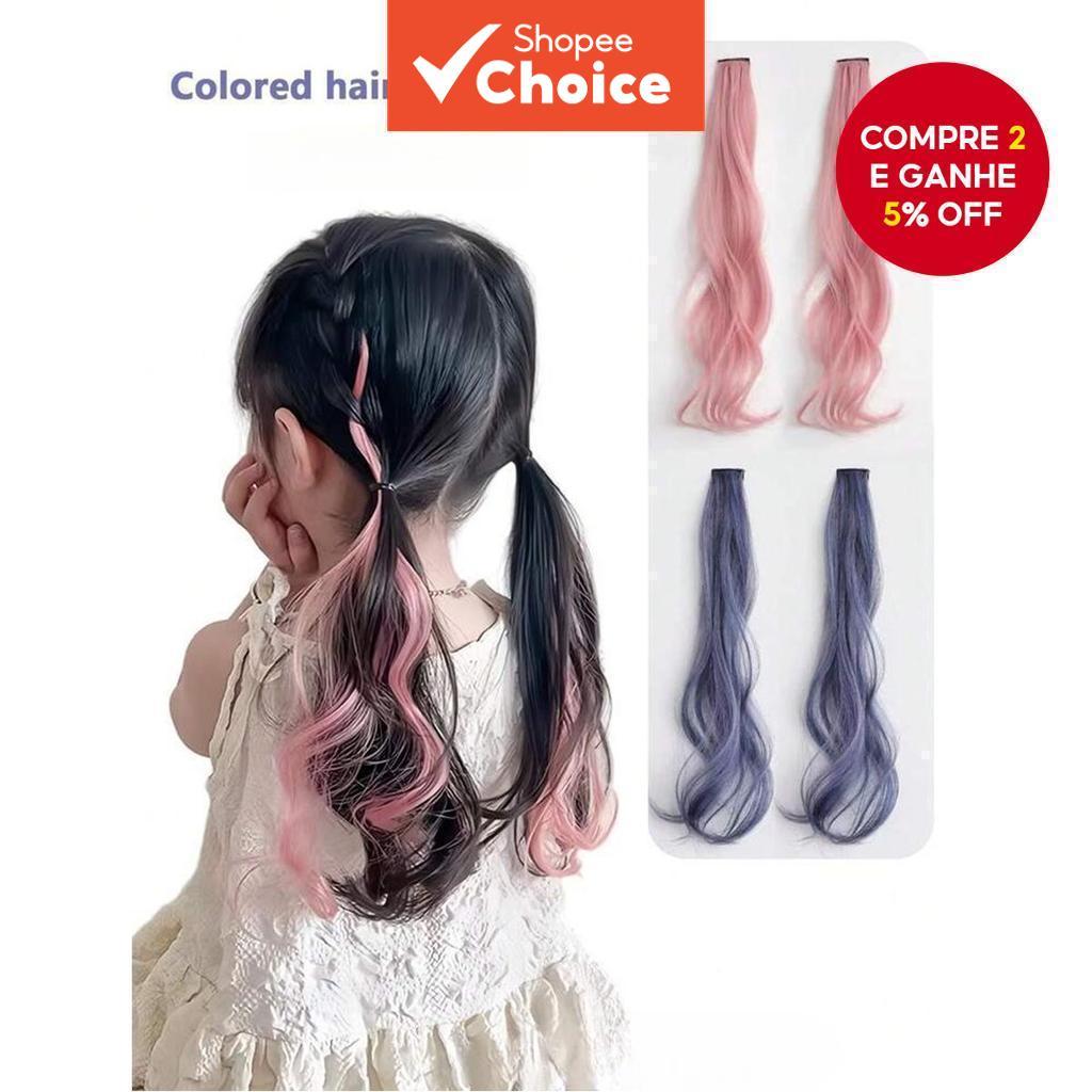 Extensões de Cabelo Coloridas e Onduladas para Crianças | Mechas Rosa e Roxa com Presilhas BB para Meninas