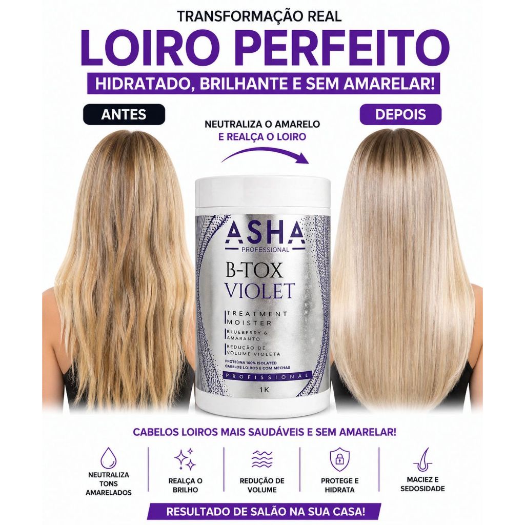 Botox Capilar Matizador Violet 1kg Redução de Volume para Cabelos Loiros e com Mechas ASHA