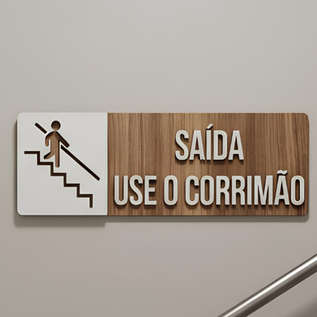 Placa Sinalização Saída Use O Corrimão MDF Escada Empresa Clínica Escola Segurança Interna Local