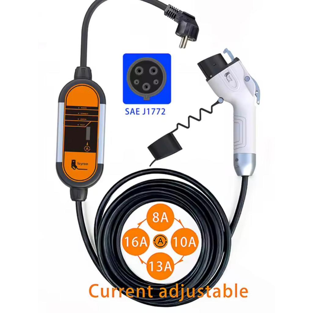 Carregador Portátil EV Feyree Tipo 2 IEC62196, Tomada Tipo 1 j1772 com Plugue Schuko para Carro Elétrico, Cabo de 5m, 3.