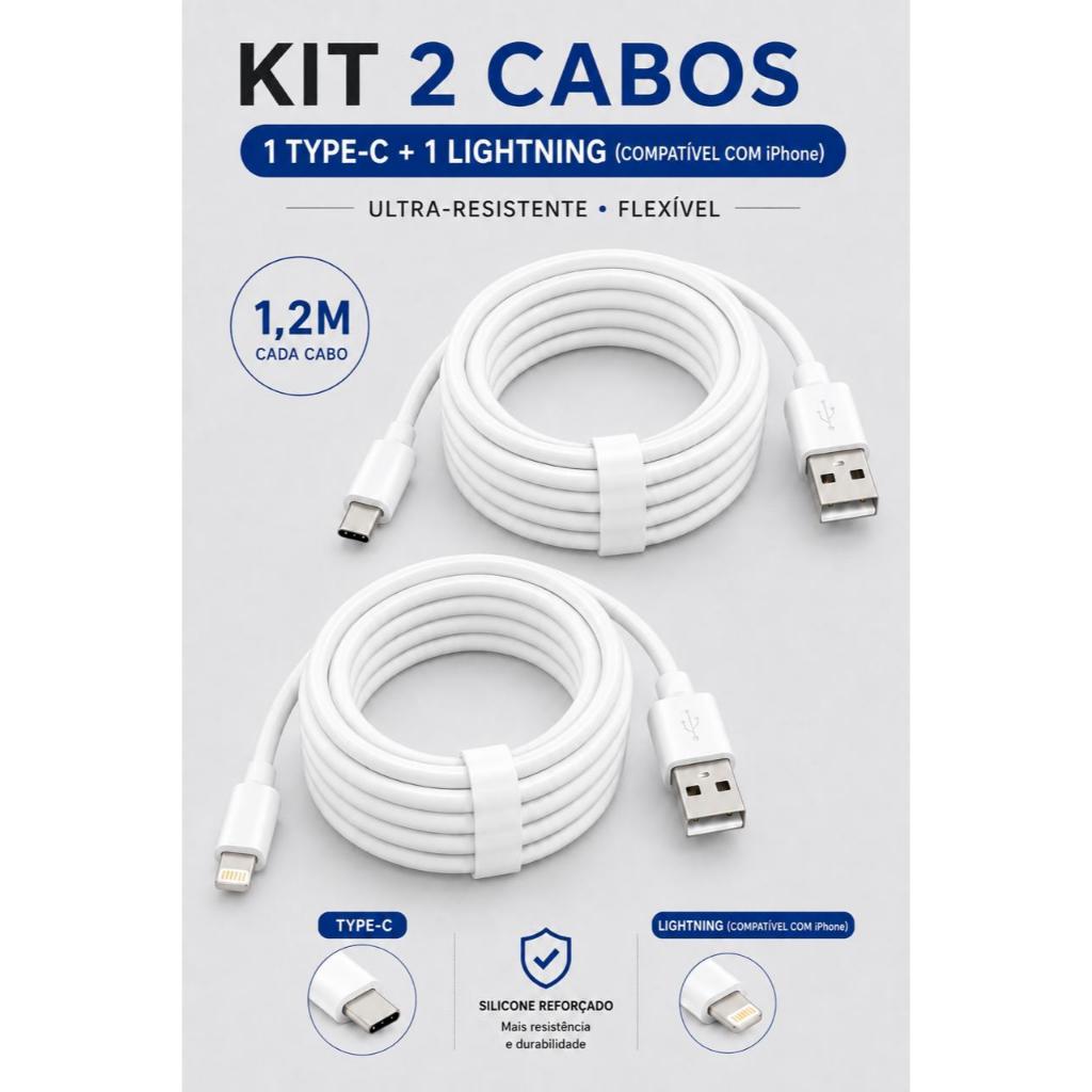 Kit 2 Cabos Silicone 1,20m Type-C + Lightning Compatível com Iphone Carga Rápida e Transferência de Dados