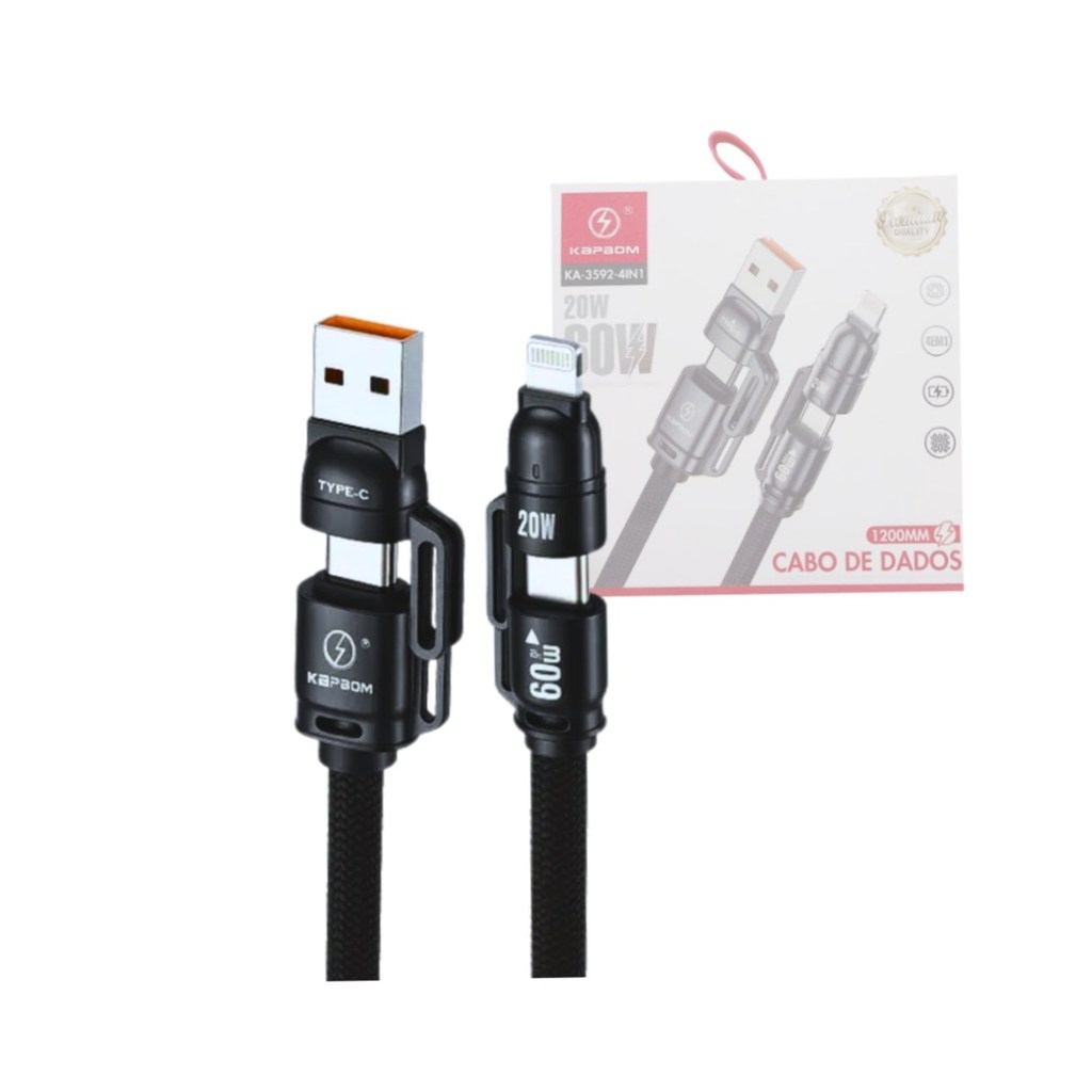 Cabo 4 em 1 USB Tipo C Lightning 60W Kapbom 1,20m Carregamento Rápido Cabo de Dados 3 Dispositivos