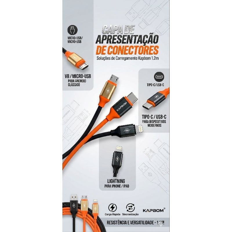 Cabos USB 1,20m Carregador Rápido V8/Tipo-C/iPhone